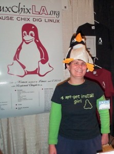 jill-girlinapenguinhat apt-get install girl Jill at the LinuxChixLA booth in the most wonderful penguin hat.