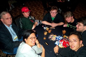 scale7xlinuxchix Saturday night reception (from lower left going clockwise: Betty, Earl, Michelle, Chad, Jill, Tyson, and Alan)